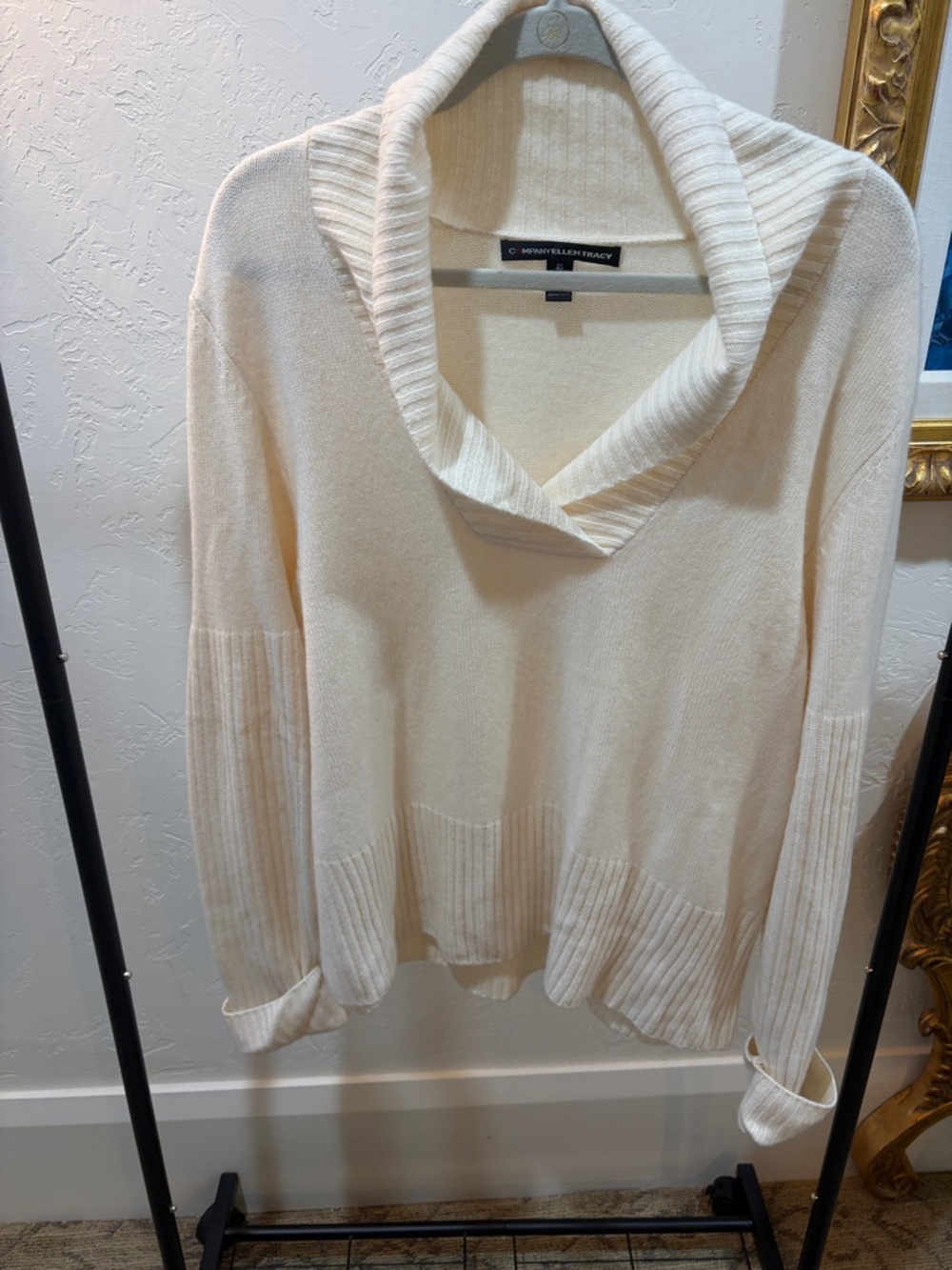 Company Ellen Tracy Cream Cashmere Ribbed Shawl-Collar Sweater